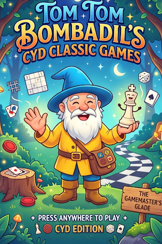 The CYD Classic Games start screen: Tom Bombadil in a blue hat and yellow coat, holding a chess king, with game pieces all around
